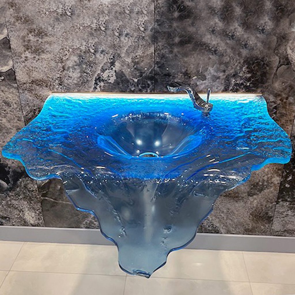 Waterfall glass sink for bathroom. Integrated glass sink