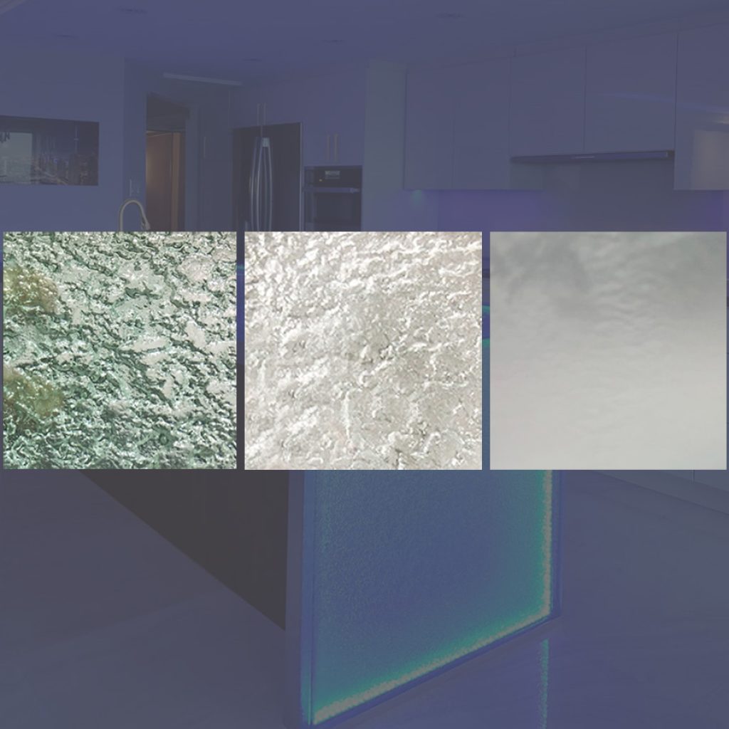 Textured glass countertops. Thick glass counters